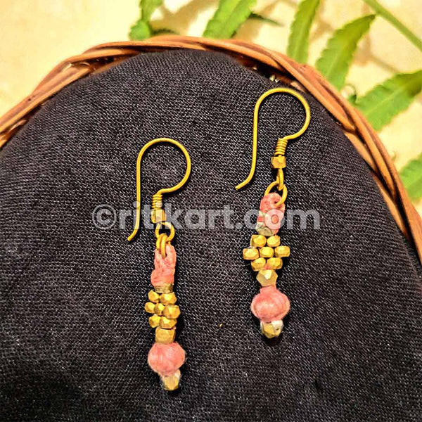 Brass Beads with Light Pink Thread Work Earrings