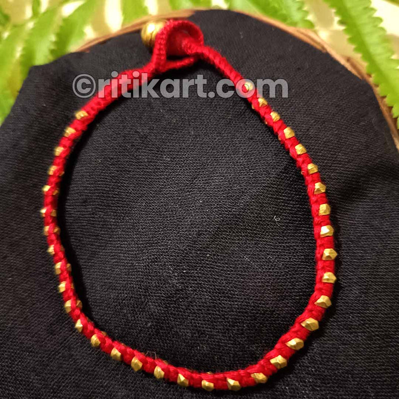 Tribal Dhokra Anklet with Golden Beads in Red Thread