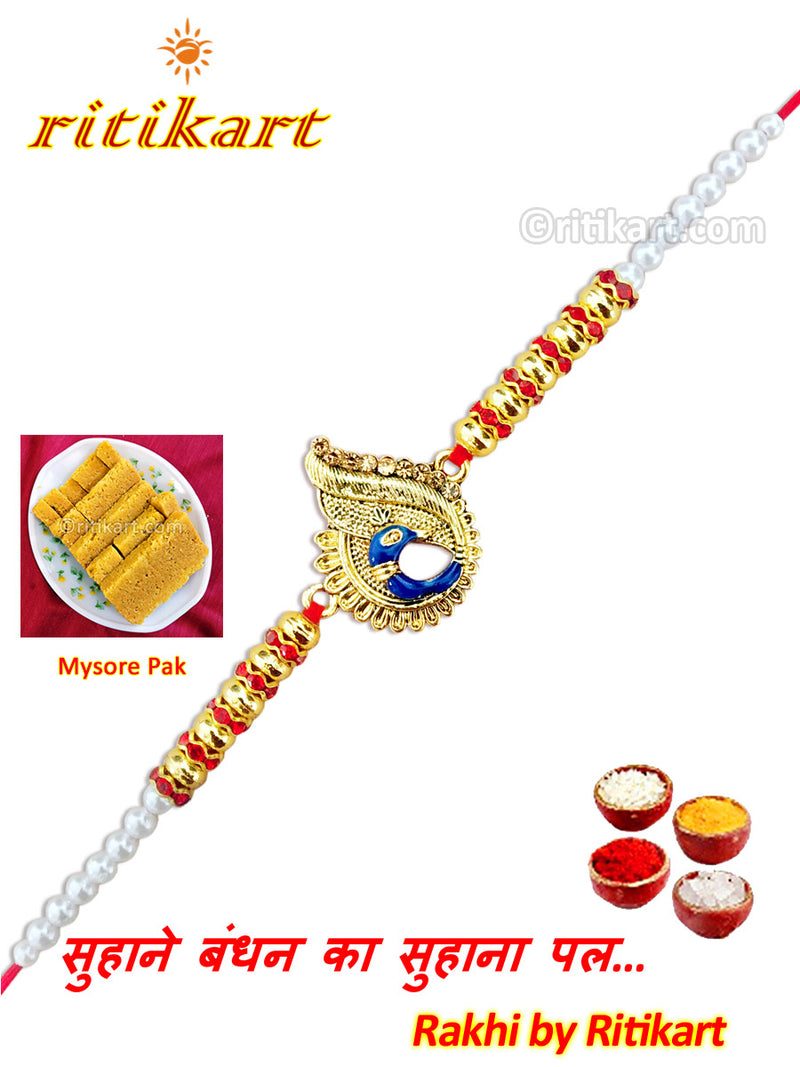 Golden Royal Peacock with Multi Color Beads Rakhi