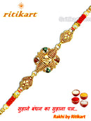Royal Green and Red Stone Golden Metal Rakhi