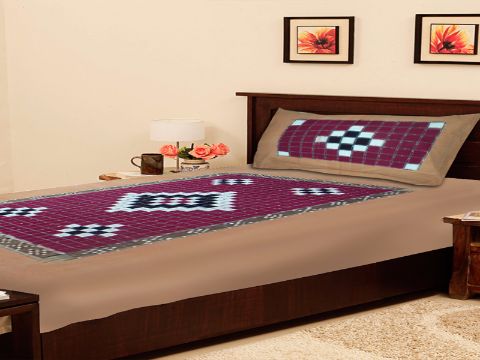 Sambalpuri Brown Traditional Single Bed Cover with Pillow Cover