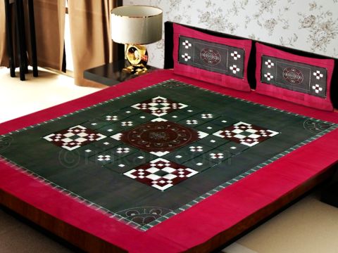 Sambalpuri Dark Maroon Traditional Double Bed Cover with Pillow Cover