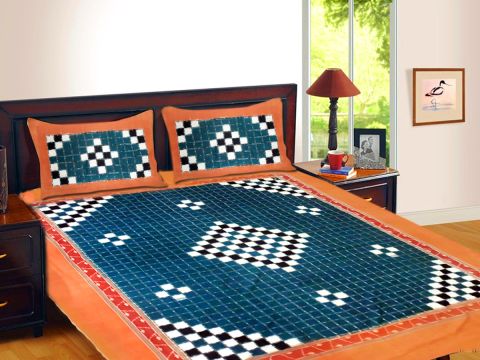 Handwoven Sambalpuri Dark Blue Paspali Traditional Double Bed Cover with Pillow Cover 