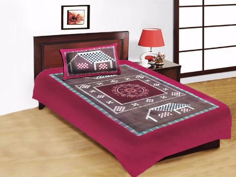 Odisha Handloom Pink and Brown Single Bed Sheet with Pillow Cover P1