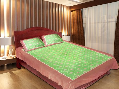 Odisha Sambalpuri Green and Brown Double Bed Sheet with Pillow Cover