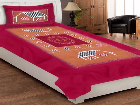  Single Bed Sheet with Pillow Cover Maroon and Light Brown Color  P1