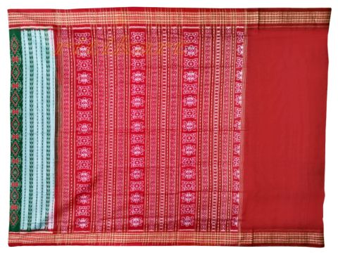 Sambalpuri Hand Woven Green Red saree with Blouse