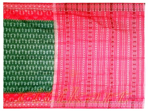 Sambalpuri Hand Woven feded Leaf and Red Colour Design saree