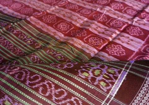 Sambalpuri Hand Woven Pink and Maroon Strip Design Saree