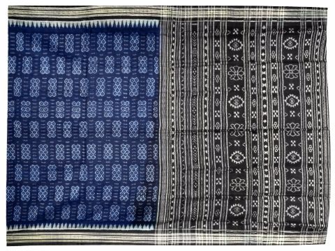 Sambalpuri Traditional hand woven Blue with Black Anchal Design Saree