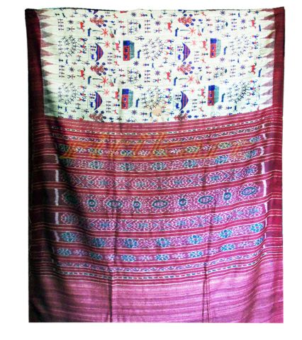 Cream and Maroon Color Tussar Silk Saree with Bandha Aanchal