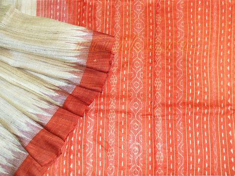 Tussar Saree Gray Body With Rust Color Anchal