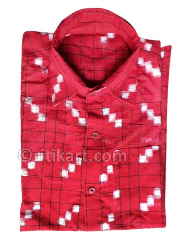 Red Color Sambalpuri Handloom Half Shirt (For Men)