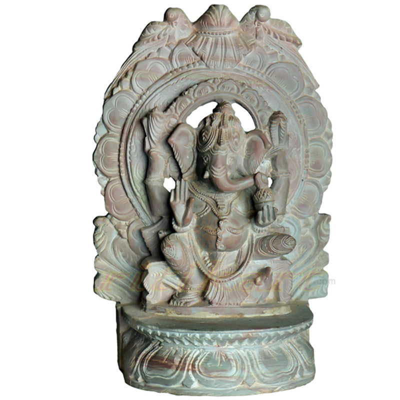 Pink Stone Sitting Ganesh with Arch Design