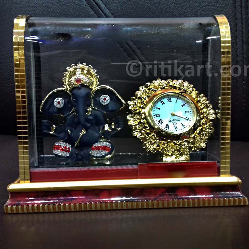 Gold-Plated Alloy Ganesh and Clock Showpiece