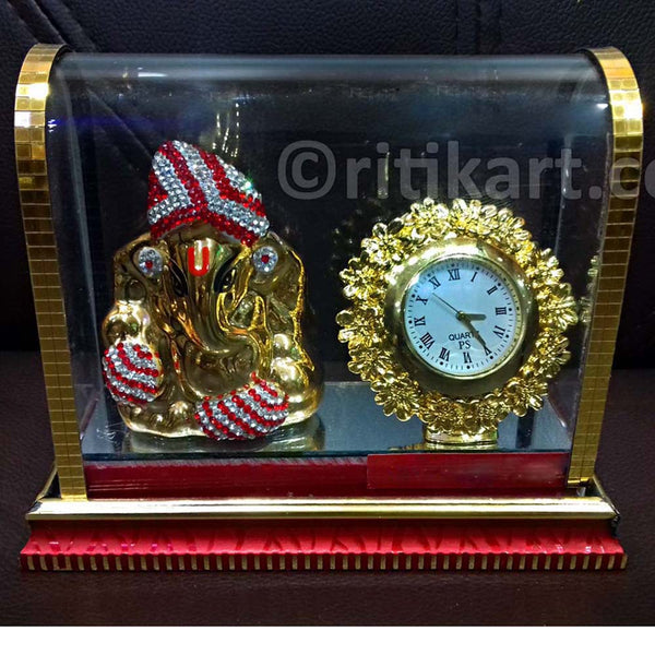 Gold-Plated Alloy Lord Ganesh With Clock Showpiece