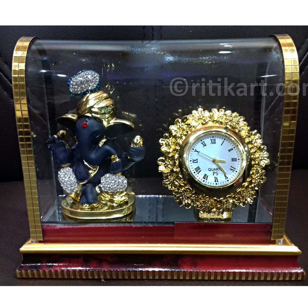 Gold-Plated Alloy Lord Ganesh and Clock Showpiece