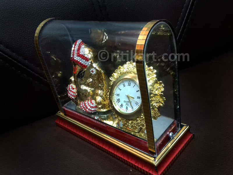 Gold-Plated Alloy Lord Ganesh With Clock Showpiece